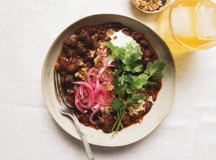 Saucy Romesco Beans with Pickled Shallots