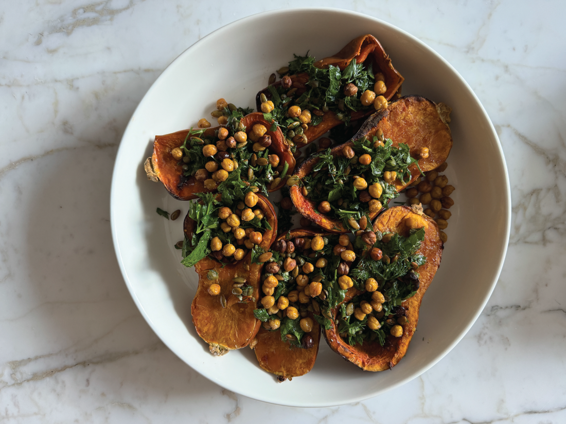 Honeynut Squash with Herb Salsa + Roasted Chickpeas