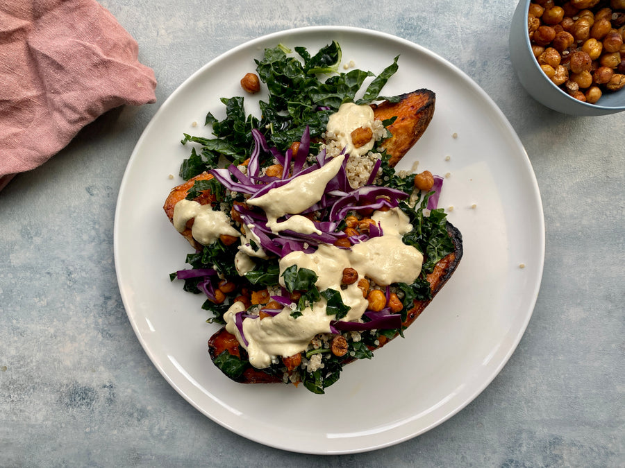 Loaded Sweet Potatoes with Quinoa, Kale, and Roasted Chickpeas